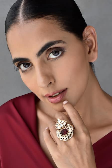 Swabhimann Red Stones, Pearls Gold Plated Polki Embellished Ring 