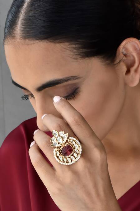 Swabhimann_Red Stones, Pearls Gold Plated Polki Embellished Ring _Online_at_Aza_Fashions