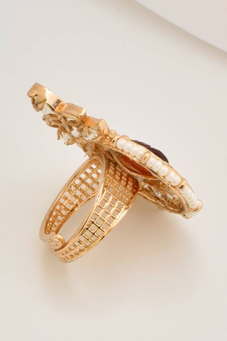 Buy_Swabhimann_Red Stones, Pearls Gold Plated Polki Embellished Ring _Online_at_Aza_Fashions