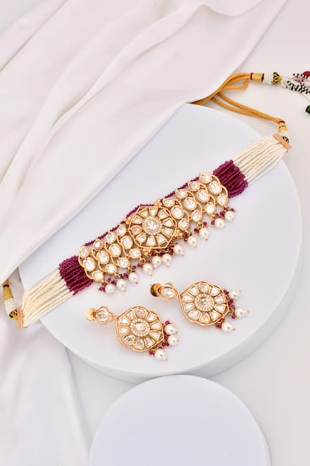 Shop Swabhimann Red Pearls, Diamonds Polki Embellished Choker Necklace Set at Aza Fashions Shop_Swabhimann_Red Pearls, Diamonds Polki Embellished Choker Necklace Set _at_Aza_Fashions