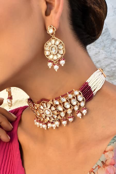 Swabhimann Red Pearls, Diamonds Polki Embellished Choker Necklace Set Online at Aza Fashions Swabhimann_Red Pearls, Diamonds Polki Embellished Choker Necklace Set _Online_at_Aza_Fashions
