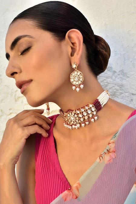 Buy_Swabhimann_Red Pearls, Diamonds Polki Embellished Choker Necklace Set _Online_at_Aza_Fashions