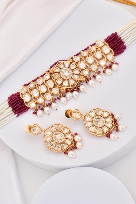 Shop_Swabhimann_Red Pearls, Diamonds Polki Embellished Choker Necklace Set _Online_at_Aza_Fashions