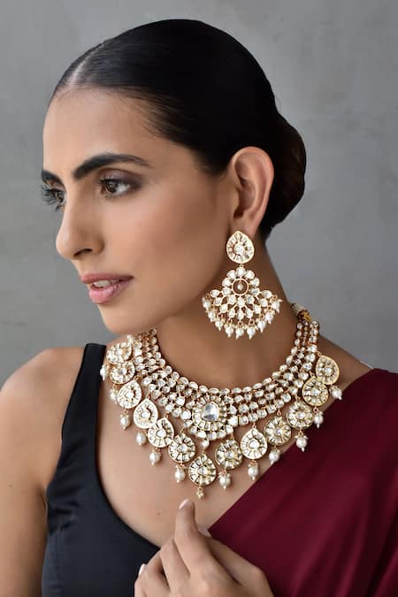 Swabhimann Rose Gold Imitation Diamonds Polki Embellished Choker Necklace Set
