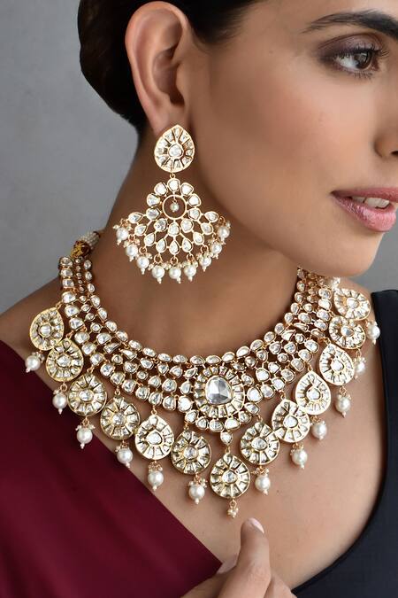 Swabhimann_Rose Gold Imitation Diamonds Polki Embellished Choker Necklace Set _Online_at_Aza_Fashions