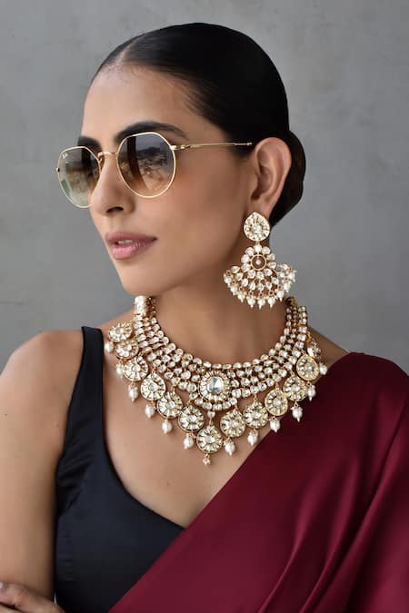 Buy_Swabhimann_Rose Gold Imitation Diamonds Polki Embellished Choker Necklace Set _Online_at_Aza_Fashions