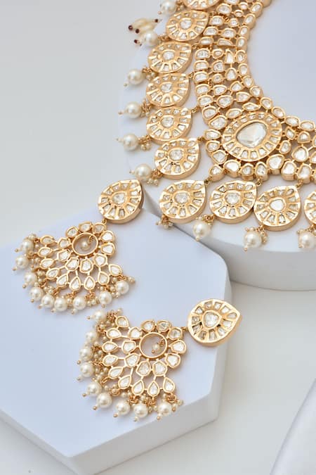 Shop_Swabhimann_Rose Gold Imitation Diamonds Polki Embellished Choker Necklace Set _Online_at_Aza_Fashions