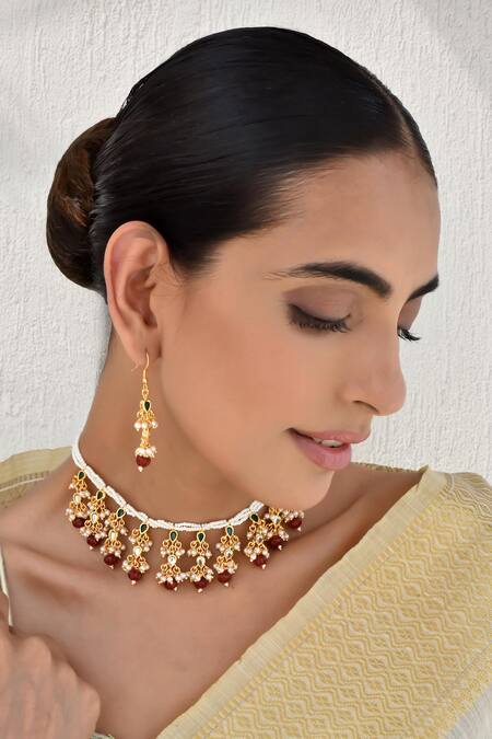 Buy_Swabhimann_Multi Color Pearls, Beads And Drop Embellished Necklace Set _Online_at_Aza_Fashions