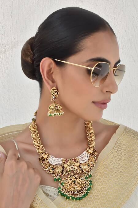 Swabhimann_Green Pearls, Stones Carved Temple Necklace Set _Online_at_Aza_Fashions