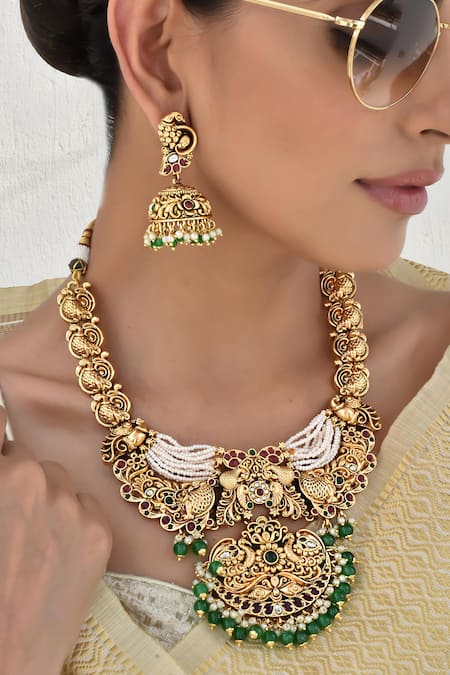 Buy_Swabhimann_Green Pearls, Stones Carved Temple Necklace Set _Online_at_Aza_Fashions