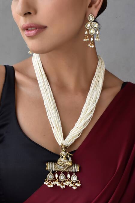 Swabhimann_Gold Plated Pearls, Diamonds Kundan Embellished Multi Strand Necklace Set _Online_at_Aza_Fashions