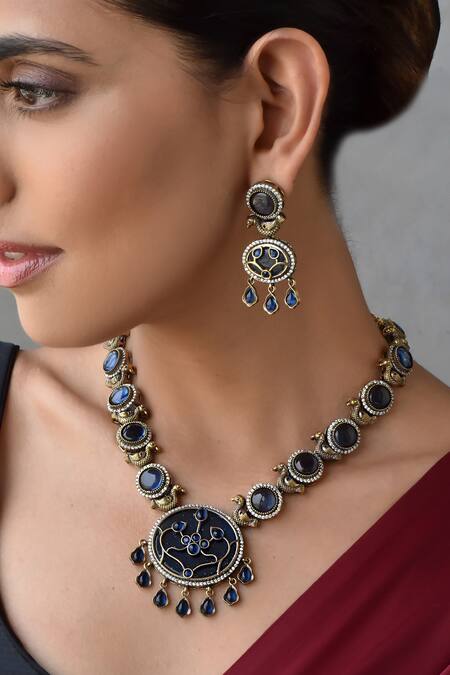 Swabhimann_Blue Stones Embellished Bird Motif Necklace Set _Online_at_Aza_Fashions