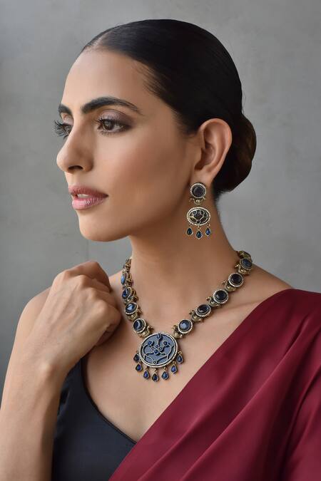 Buy_Swabhimann_Blue Stones Embellished Bird Motif Necklace Set _Online_at_Aza_Fashions