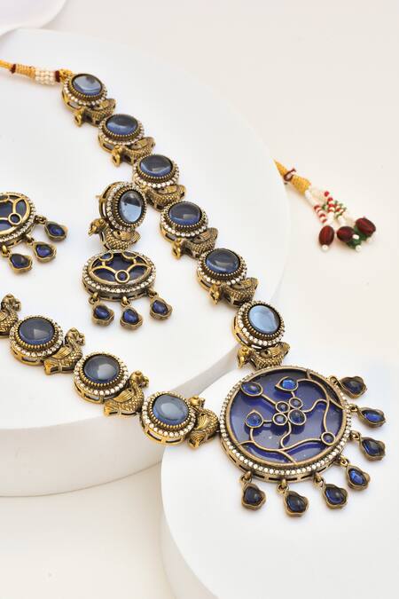 Shop_Swabhimann_Blue Stones Embellished Bird Motif Necklace Set _Online_at_Aza_Fashions