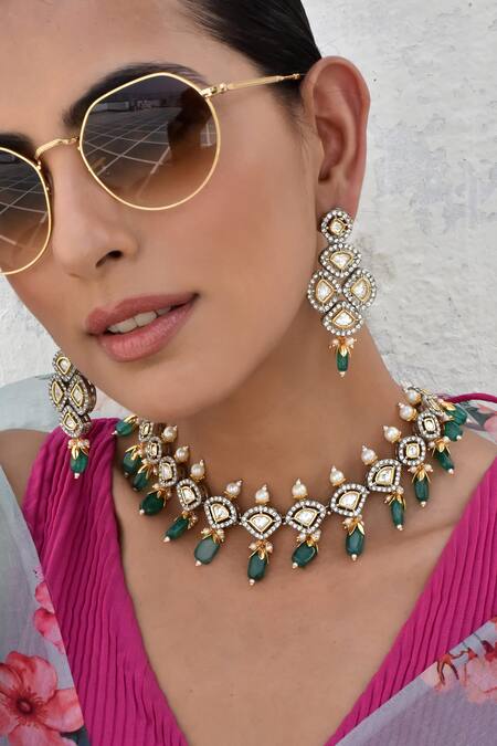 Swabhimann_Green Stones, Crystals Polki Embellished Necklace Set _Online_at_Aza_Fashions