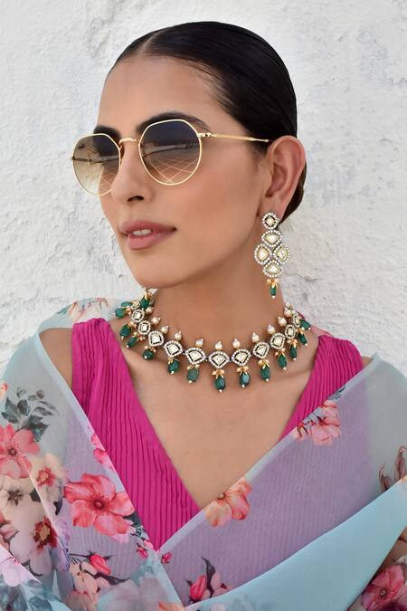 Buy_Swabhimann_Green Stones, Crystals Polki Embellished Necklace Set _Online_at_Aza_Fashions