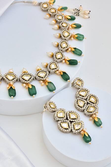 Shop_Swabhimann_Green Stones, Crystals Polki Embellished Necklace Set _Online_at_Aza_Fashions