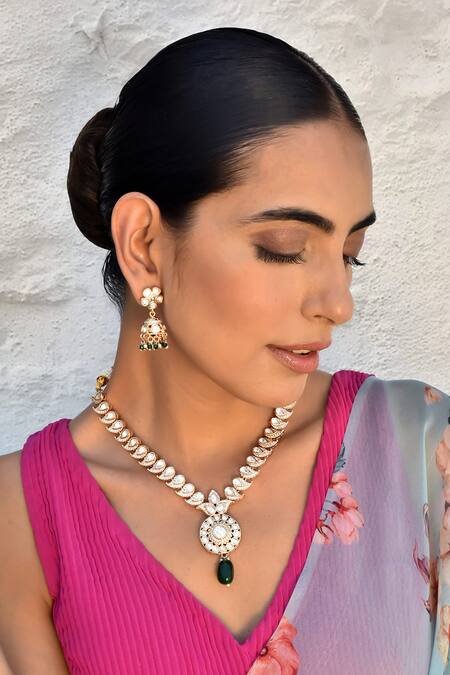 Swabhimann_Green Beads, Diamonds Polki Embellished Drop Necklace Set _Online_at_Aza_Fashions