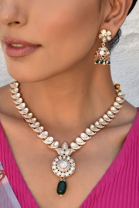 Buy_Swabhimann_Green Beads, Diamonds Polki Embellished Drop Necklace Set _Online_at_Aza_Fashions