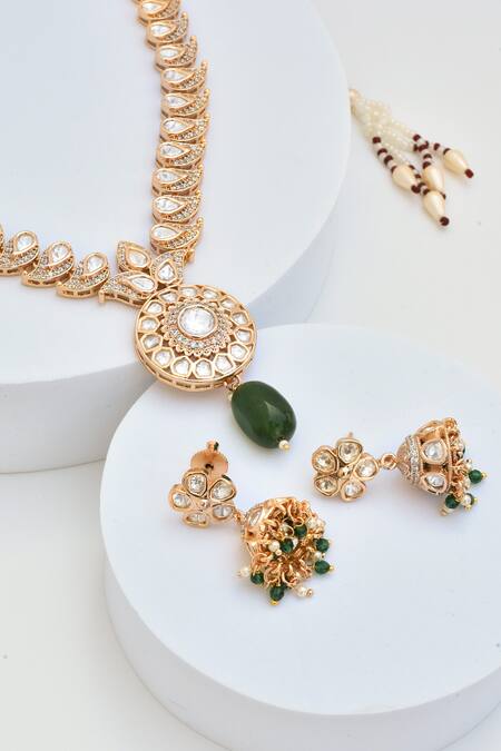 Shop_Swabhimann_Green Beads, Diamonds Polki Embellished Drop Necklace Set _Online_at_Aza_Fashions