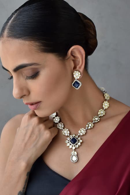 Swabhimann Blue Stones Polki Embellished Necklace Set