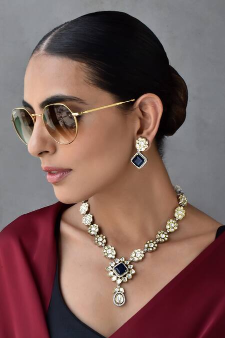 Buy_Swabhimann_Blue Stones Polki Embellished Necklace Set _Online_at_Aza_Fashions