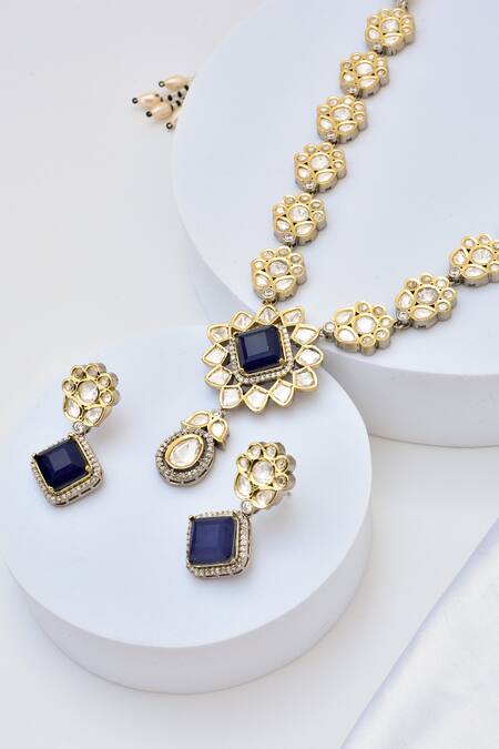 Shop_Swabhimann_Blue Stones Polki Embellished Necklace Set _Online_at_Aza_Fashions