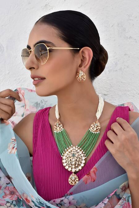 Swabhimann_Green Diamonds, Stones Polki Embellished Layered Necklace Set _Online_at_Aza_Fashions