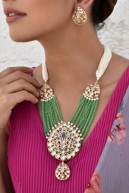 Buy Swabhimann Green Diamonds, Stones Polki Embellished Layered Necklace Set Online at Aza Fashions Buy_Swabhimann_Green Diamonds, Stones Polki Embellished Layered Necklace Set _Online_at_Aza_Fashions