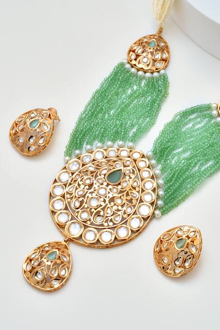Shop_Swabhimann_Green Diamonds, Stones Polki Embellished Layered Necklace Set _Online_at_Aza_Fashions