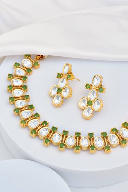 Shop_Swabhimann_Green Diamonds, Stones Kundan Embellished Choker Necklace Set _Online_at_Aza_Fashions