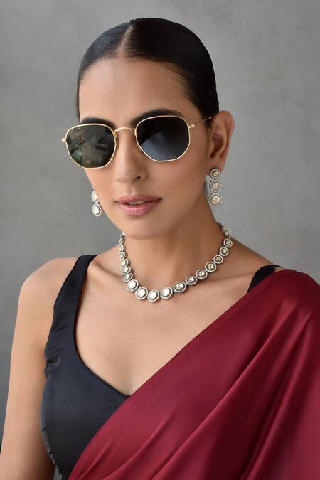 Swabhimann_Silver Plated Diamonds, Stones Polki Round Unit Embellished Necklace Set _Online_at_Aza_Fashions