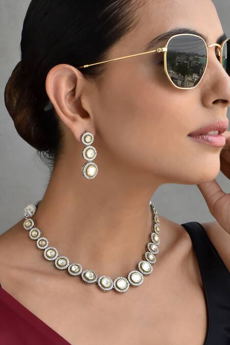 Buy_Swabhimann_Silver Plated Diamonds, Stones Polki Round Unit Embellished Necklace Set _Online_at_Aza_Fashions