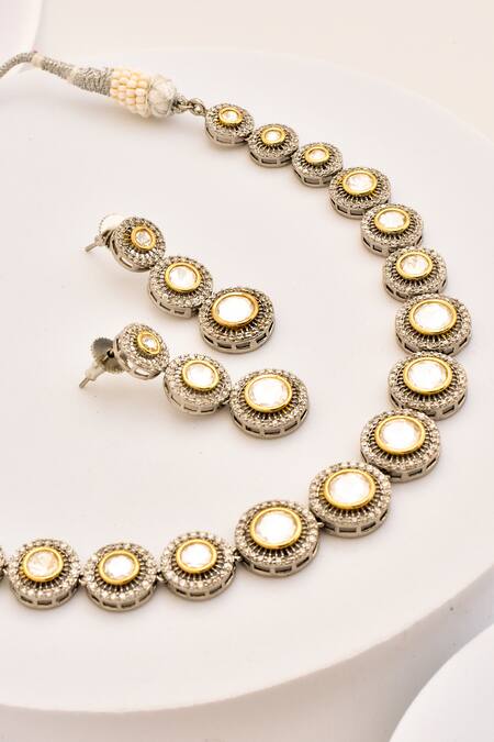 Shop_Swabhimann_Silver Plated Diamonds, Stones Polki Round Unit Embellished Necklace Set _Online_at_Aza_Fashions