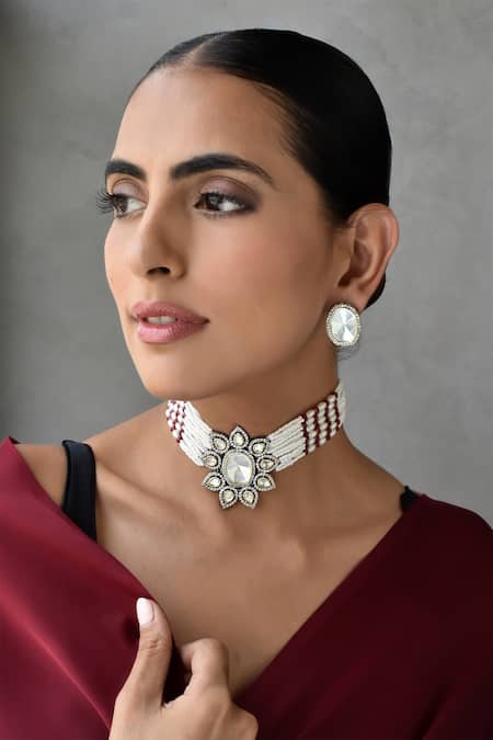 Swabhimann Red Pearls, Diamonds Polki Embellished Multistrand Necklace Set