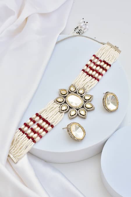 Shop Swabhimann Red Pearls, Diamonds Polki Embellished Multistrand Necklace Set at Aza Fashions Shop_Swabhimann_Red Pearls, Diamonds Polki Embellished Multistrand Necklace Set _at_Aza_Fashions