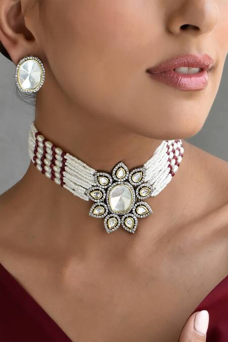 Swabhimann_Red Pearls, Diamonds Polki Embellished Multistrand Necklace Set _Online_at_Aza_Fashions
