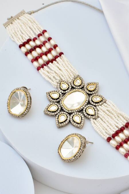 Shop_Swabhimann_Red Pearls, Diamonds Polki Embellished Multistrand Necklace Set _Online_at_Aza_Fashions