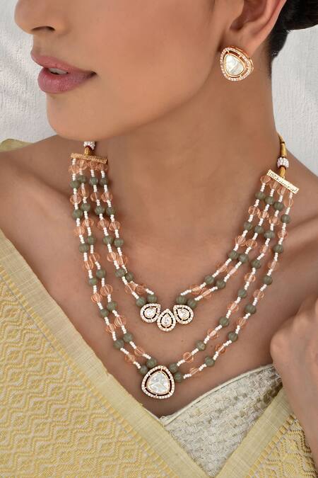 Buy_Swabhimann_Multi Color Beads, Diamonds Polki Embellished Layered Necklace Set _Online_at_Aza_Fashions