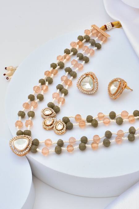 Shop_Swabhimann_Multi Color Beads, Diamonds Polki Embellished Layered Necklace Set _Online_at_Aza_Fashions
