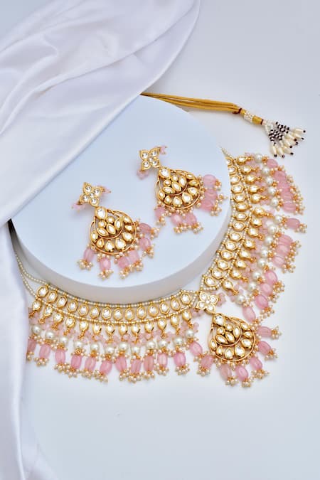 Shop Swabhimann Pink Pearls, Beads Kundan Embellished Drop Necklace Set at Aza Fashions Shop_Swabhimann_Pink Pearls, Beads Kundan Embellished Drop Necklace Set _at_Aza_Fashions