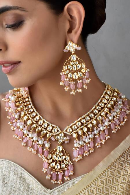 Swabhimann_Pink Pearls, Beads Kundan Embellished Drop Necklace Set _Online_at_Aza_Fashions