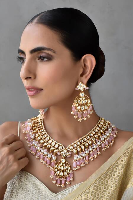 Buy_Swabhimann_Pink Pearls, Beads Kundan Embellished Drop Necklace Set _Online_at_Aza_Fashions