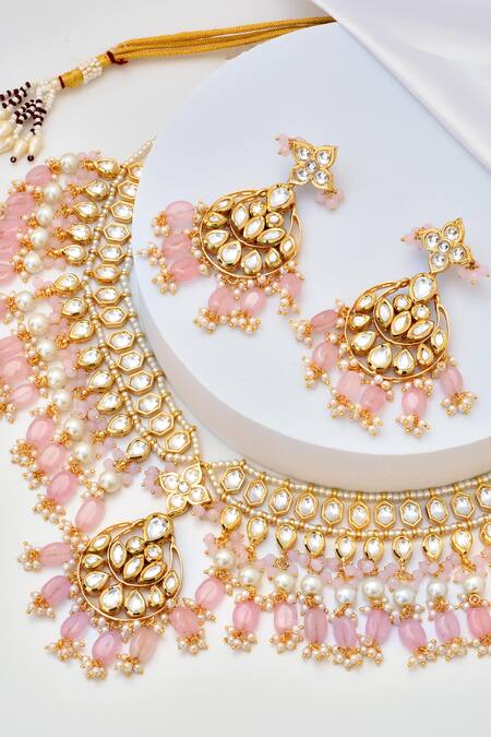 Shop_Swabhimann_Pink Pearls, Beads Kundan Embellished Drop Necklace Set _Online_at_Aza_Fashions