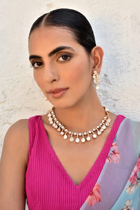 Swabhimann_Rose Gold Stones Tear Drop Polki Embellished Necklace Set _Online_at_Aza_Fashions