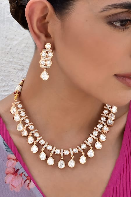 Buy Swabhimann Rose Gold Stones Tear Drop Polki Embellished Necklace Set Online at Aza Fashions Buy_Swabhimann_Rose Gold Stones Tear Drop Polki Embellished Necklace Set _Online_at_Aza_Fashions