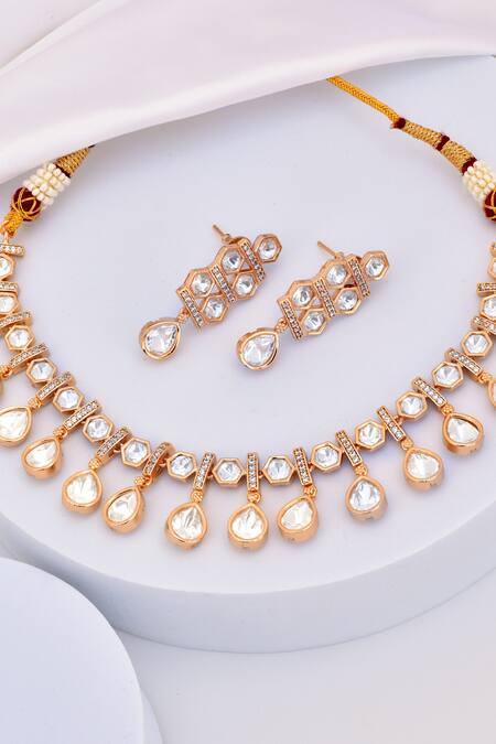 Shop_Swabhimann_Rose Gold Stones Tear Drop Polki Embellished Necklace Set _Online_at_Aza_Fashions
