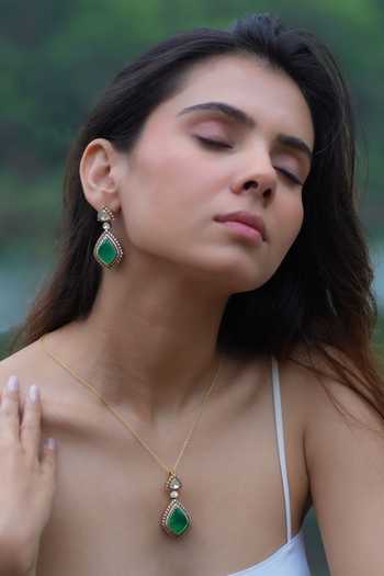 Zeeya Luxury Jewellery_White Embroidery, Stones Akoya Emerald Polki Pendant Necklace Set_Online_at_Aza_Fashions
