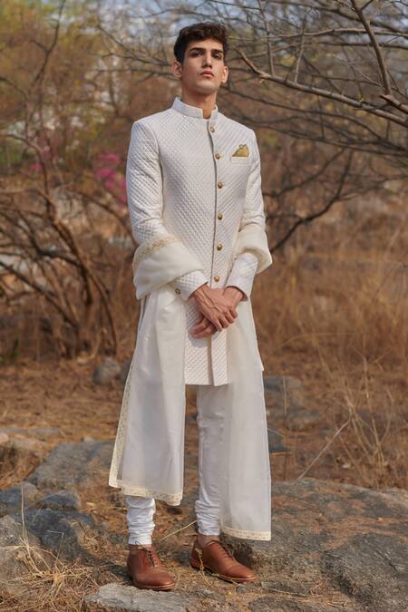 Shop House Of Koa White Sherwani Raw Silk Textured Set at Aza Fashions Shop_House Of Koa_White Sherwani Raw Silk Textured Set _at_Aza_Fashions