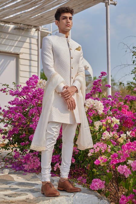 House Of Koa White Sherwani Raw Silk Textured Set Online at Aza Fashions House Of Koa_White Sherwani Raw Silk Textured Set _Online_at_Aza_Fashions
